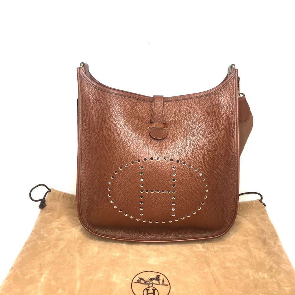 Authentic HERMES Evelyne GM crossbody bag brown leather